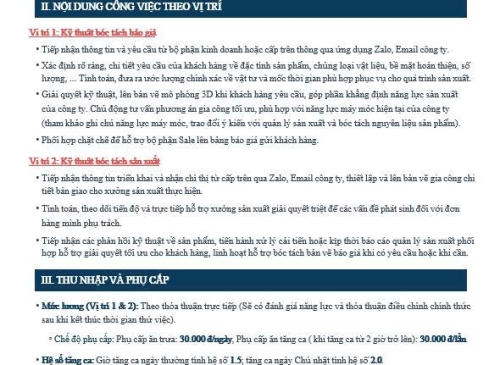 Tuyển dụng kỹ thuật bóc tách báo giá và kỹ thuật bóc tách sản xuất